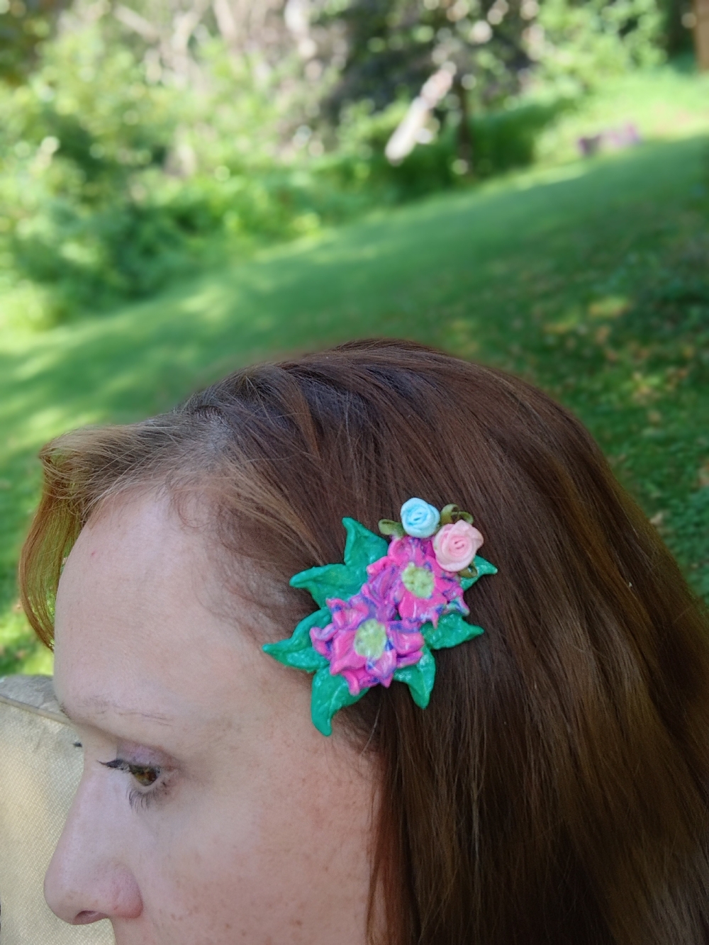 Pink & Green Floral Polymer Clay Hair Clip